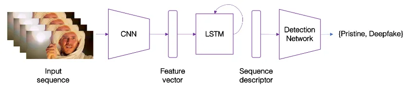 CNN-LSTM architecture: input sequence passes through CNN for feature extraction, then LSTM captures temporal patterns, followed by a detection network for final classification