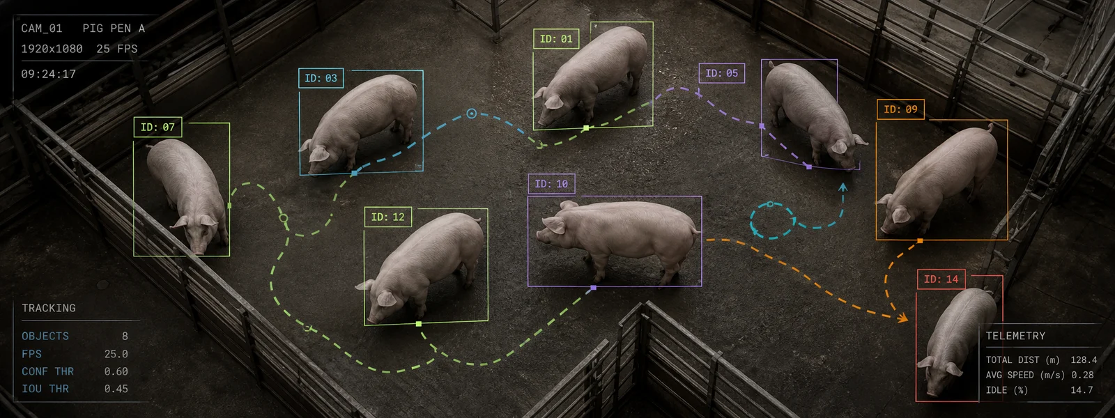 Overhead livestock pen video frame with pig tracking boxes and movement paths.